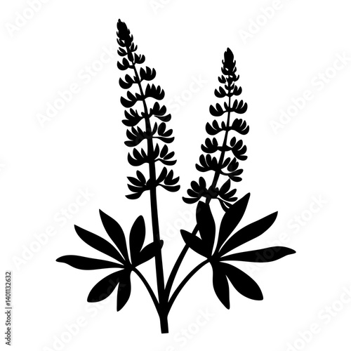 Black and white illustration of lupine , flower silhouette vector designs.