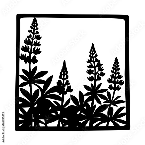 Square silhouette of lupine flowers and foliage- Black silhouette illustration showing multiple lupine flower spikes and leafy details inside a square frame, ideal for decorative botanical artwork