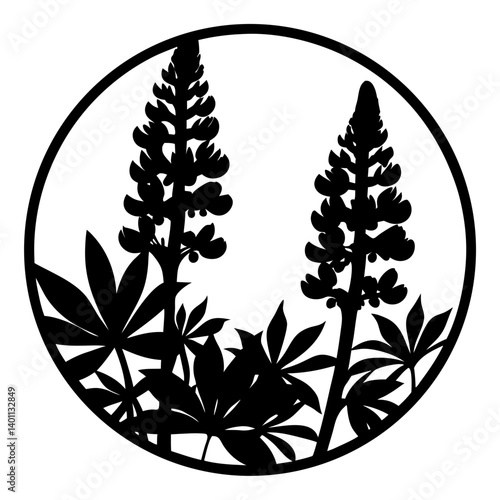 Silhouette of lupine flowers and leaves in circle- Black silhouette illustration of two lupine flower spikes with leafy details inside a round frame, suitable for decorative botanical themes