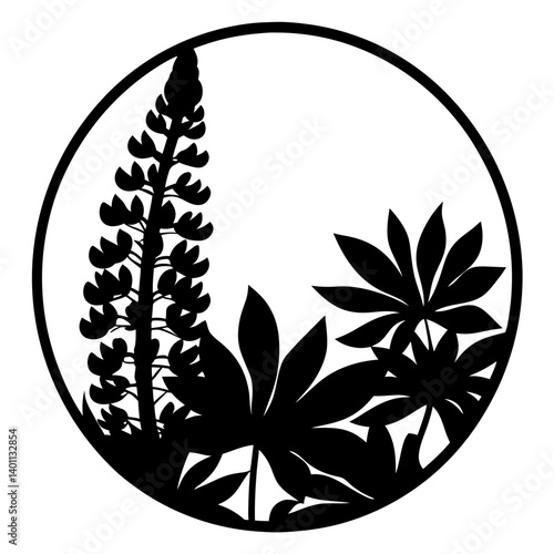 Botanical silhouette of lupine flower in circular frame-Black silhouette artwork featuring a single tall lupine flower with broad leaves inside a circle, perfect for decorative and natural designs 