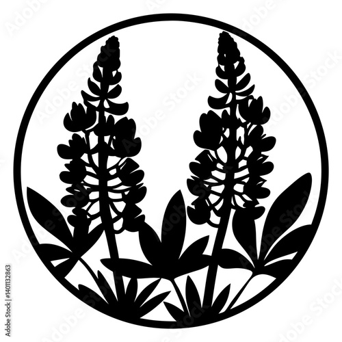Silhouette illustration of two lupine flowers in circle- Black silhouette of two lupine flower spikes with leaves inside a round frame, ideal for botanical art, decoration, and design projects