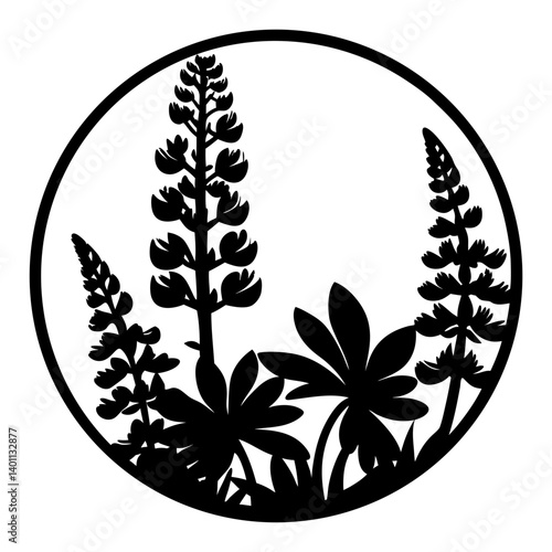Circular silhouette of lupine flowers and leaves- Black silhouette artwork of lupine flower spikes and leaves inside a round frame, suitable for decorative, botanical, and natural-themed designs
