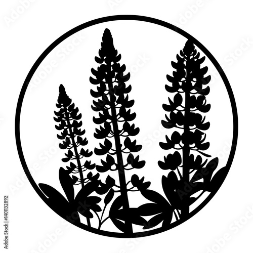 Silhouette of lupine flowers inside circle frame- Black silhouette illustration of lupine flower spikes inside a round circle frame, ideal for botanical designs, nature themes, and decorative use