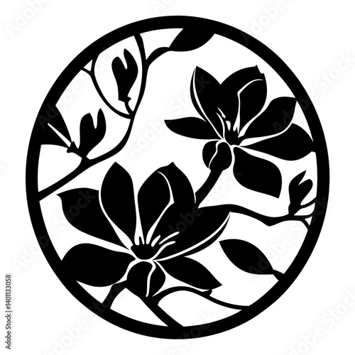 Floral silhouette with branches inside circle- Black silhouette illustration of blooming flowers, buds, and leaves on branches arranged in a circular frame, perfect for decoration and design