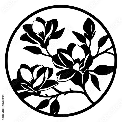 Blooming floral branch silhouette in circle- Black silhouette artwork of blooming flowers with branches and leaves arranged inside a circular frame, perfect for decoration and graphic design
