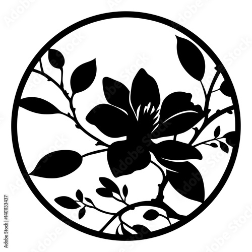 Floral branch silhouette inside circular frame- Black silhouette illustration of a blooming flower with branches and leaves arranged in a circular frame, suitable for decoration and design
