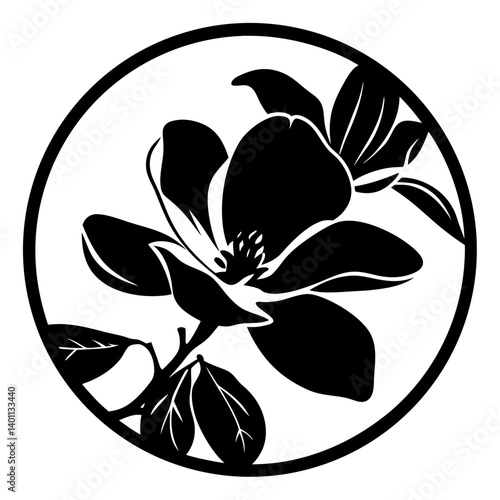 Blooming flower silhouette inside circular frame- Black silhouette artwork of a single blooming flower with leaves arranged within a circular frame, ideal for decoration and graphic design