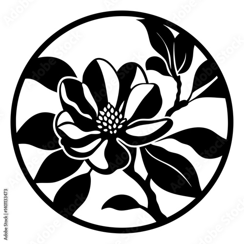 Floral silhouette illustration inside circular frame- Black silhouette of a blooming flower with detailed petals and leaves arranged within a circular frame, perfect for decoration and design