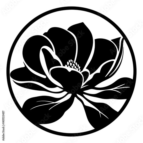 Single blooming flower silhouette in circle- Black silhouette illustration of a large blooming flower with detailed petals and leaves inside a circular frame, ideal for decoration and design