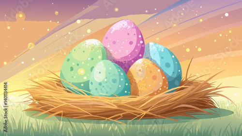 Pastel speckled eggs stacked on hay over softly blurred colorful glitter surface capturing festive softness celebration and springtime happiness with gentle tonal