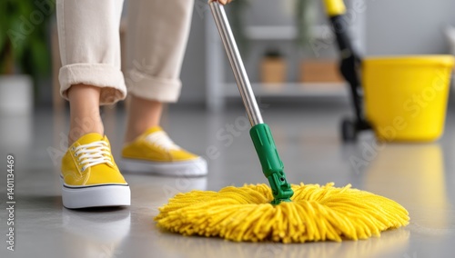 Person mopping the floor in a home; clean and tidy background for sanitation use