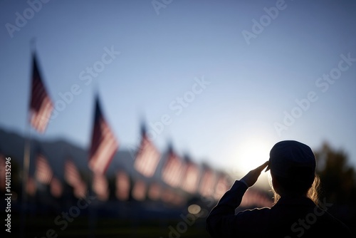 capture moment of solemn reflection as veteran salutes surrounded by field of waving american flags under clear sky