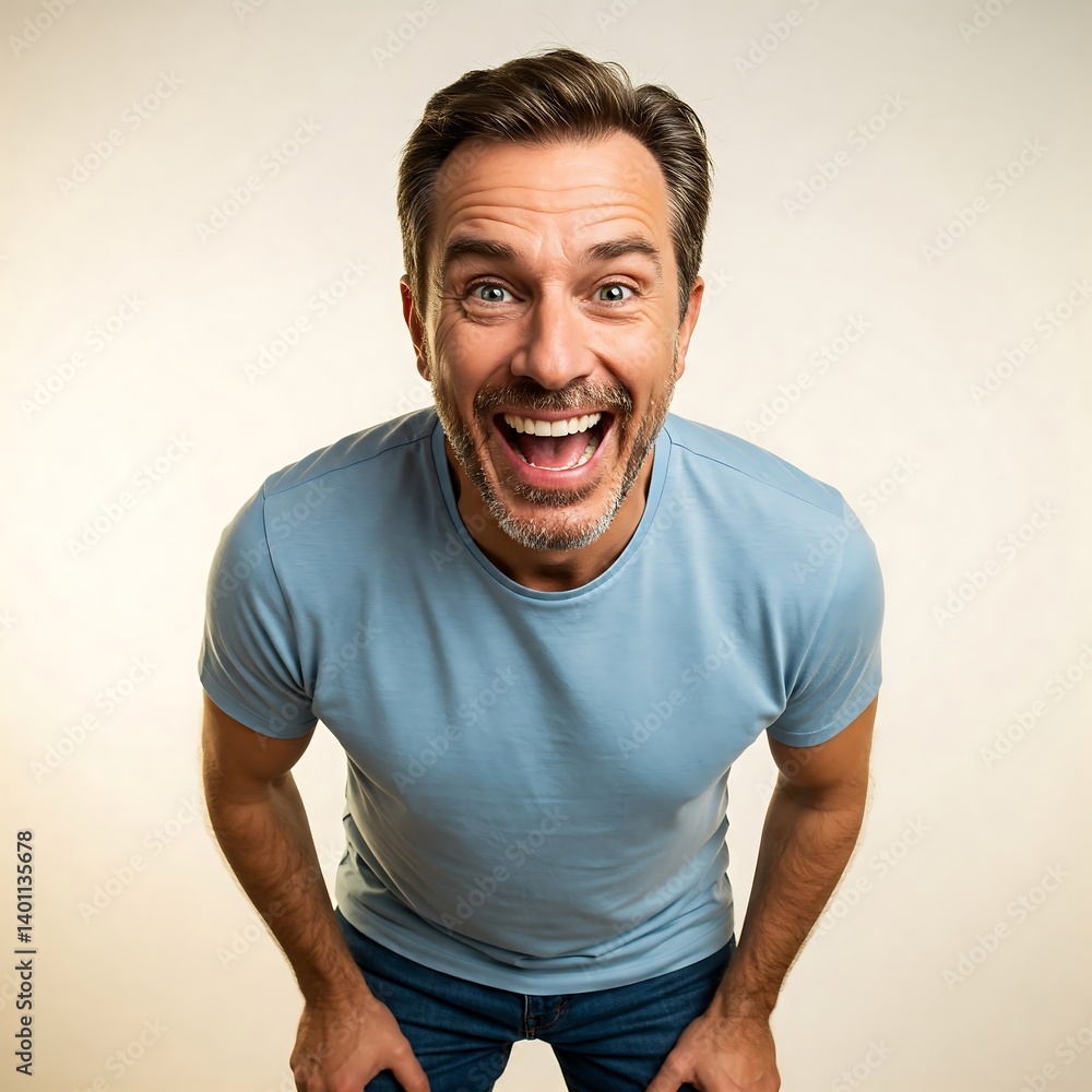 Obraz premium Excited and Happy Middle-Aged Man Laughing Looking Up at Camera with Wide Smile