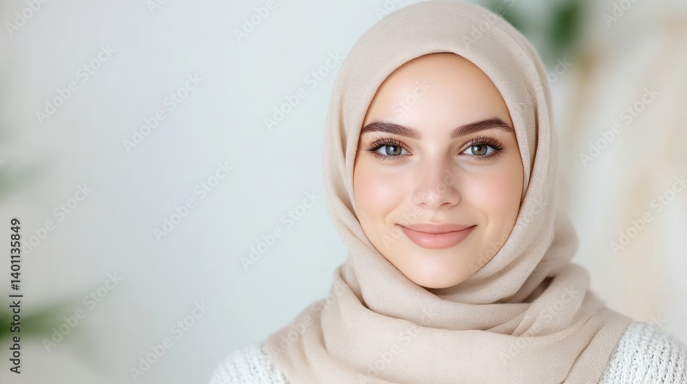 Smiling woman in a light beige hijab Smiling woman in a light beige hijab