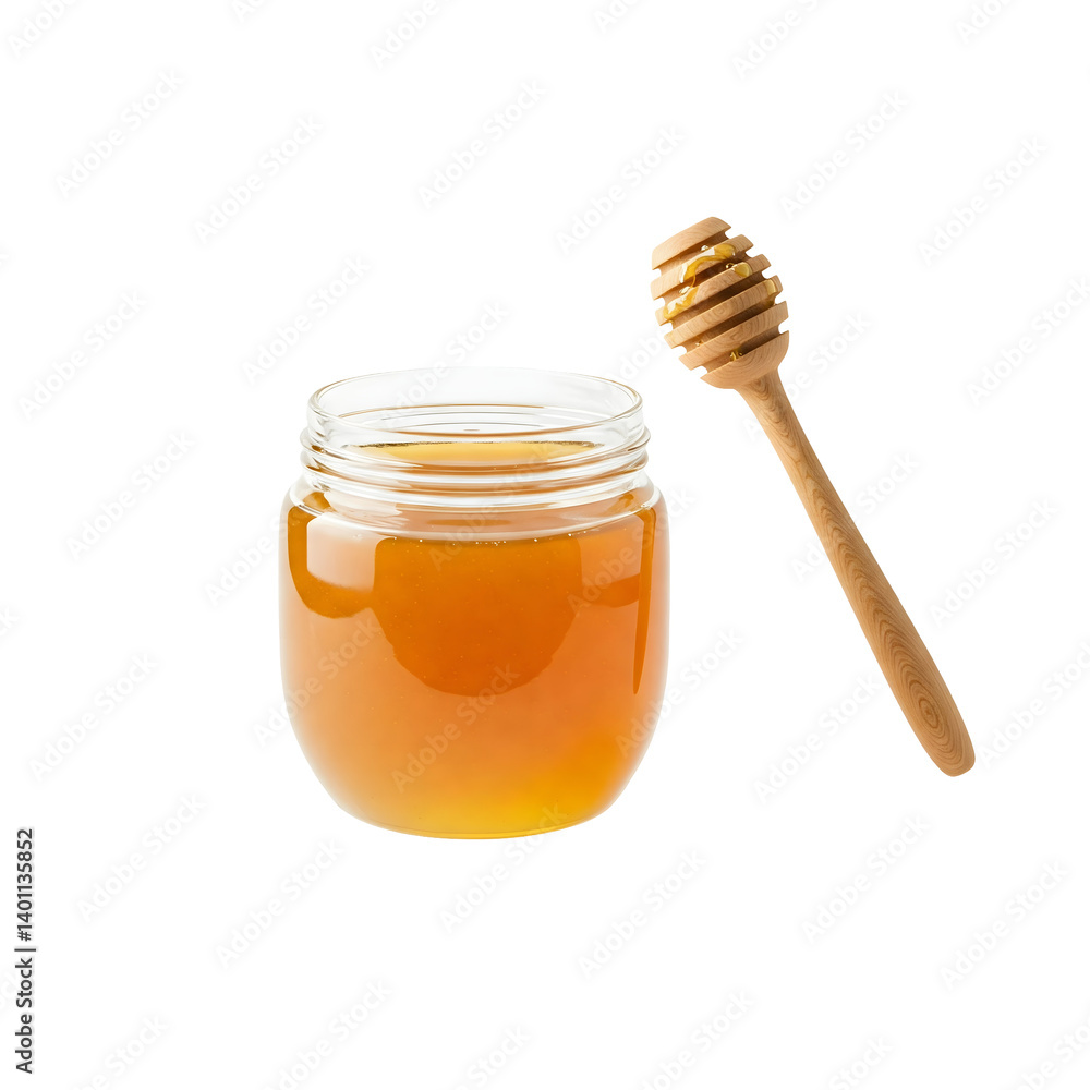A horizontally floating honey jar with dipper on solid white background A horizontally floating honey jar with dipper on solid white background