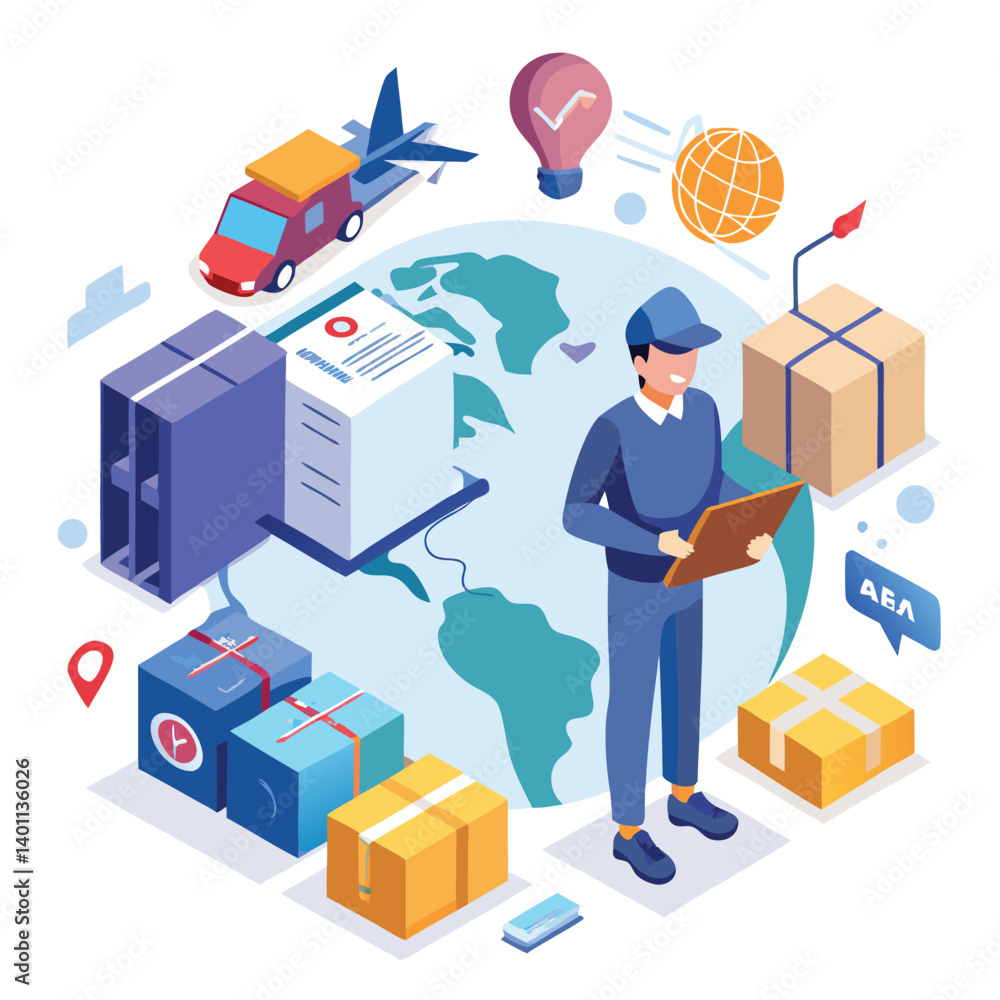 A 3D cartoon delivery man with a package and boxes shows the moving concept of cargo transportation A 3D cartoon delivery man with a package and boxes shows the moving concept of cargo transportation
