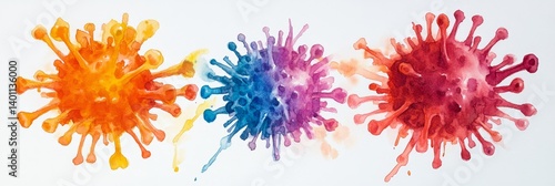 Panel kuchenny z motywem Colorful Virus Abstract Art - Artistic watercolor depiction of three vibrant viruses, showcasing diverse colors and textures. Ideal for health, science, or design projects