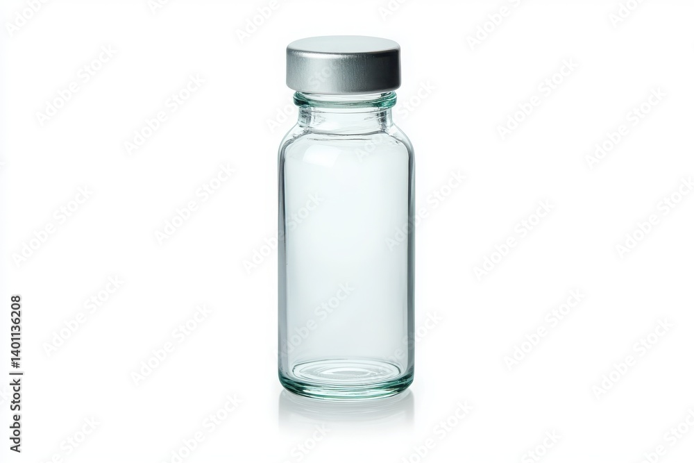 Clear glass bottle with a silver cap isolated on white background perfect for storing liquids or essential oils Clear glass bottle with a silver cap isolated on white background perfect for storing liquids or essential oils