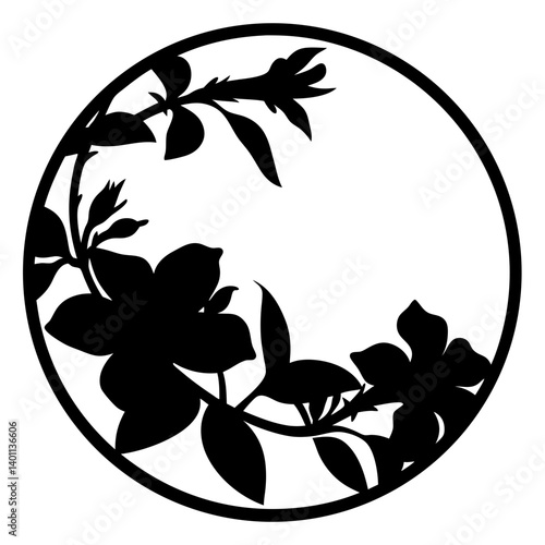 Decorative floral silhouette in round frame- Black silhouette artwork of flowers and leaves arranged along the edge of a circular frame, suitable for decoration and graphic design