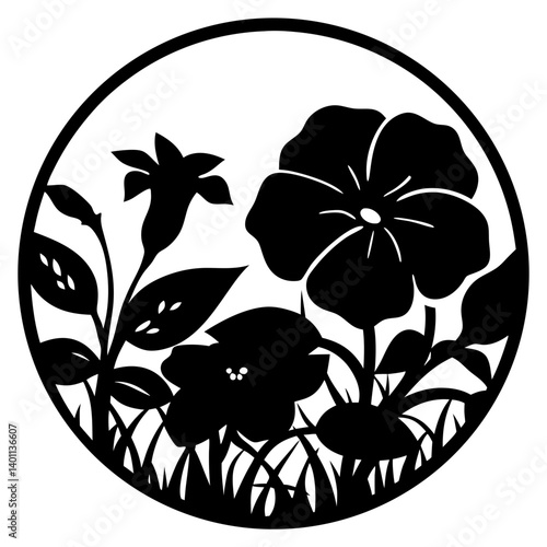 Floral silhouette design inside circular frame- Black silhouette illustration of blooming flowers, leaves, and grass arranged inside a round frame, ideal for decoration and design use