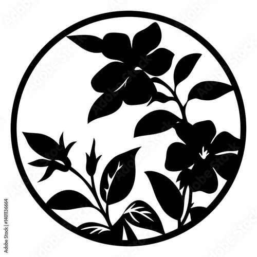 Floral silhouette design inside circular frame- Elegant black floral silhouette artwork inside a round frame, featuring blooming flowers and leaves, ideal for decorative or artistic use