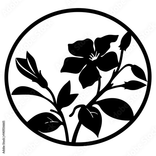 Floral silhouette design inside circular frame- Black and white silhouette illustration of a blooming flower with buds and leaves, enclosed within a simple circular decorative frame