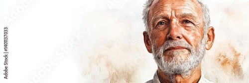 Contemplative Senior Man Portrait - Close-up portrait of a thoughtful senior man with a gray beard, gazing upwards against a muted background