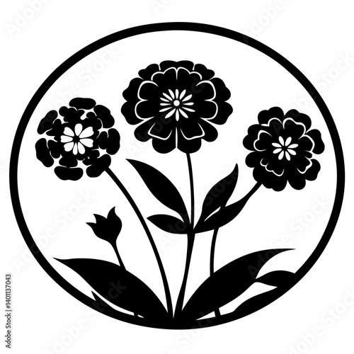 Floral silhouette artwork with circular border- Black vector illustration of three blooming flowers and leaves enclosed in a circle, ideal for decoration, logos, or ornamental patterns