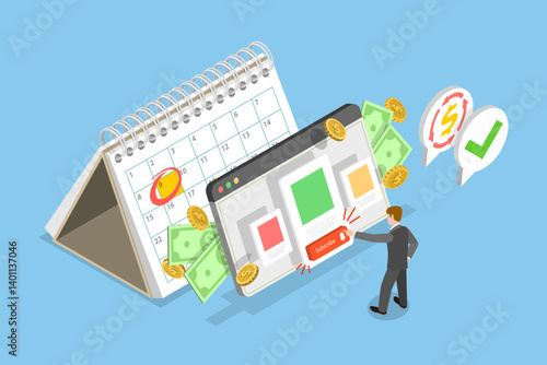 3D Isometric Flat Vector Illustration of Online Subscription Service, Monthly Payment