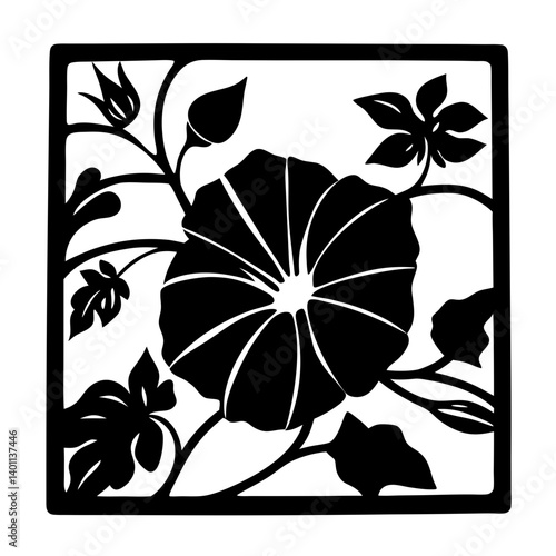 Floral silhouette square decorative artwork- Black and white floral silhouette with a large central bloom surrounded by leaves and buds in a square frame, perfect for decoration