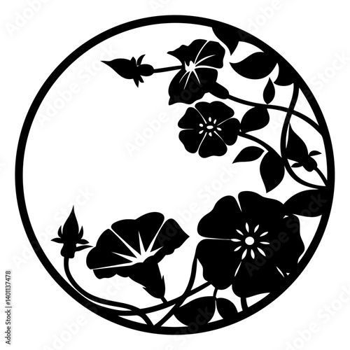 Morning glory floral silhouette inside circular border- Black silhouette artwork of morning glory flowers, buds, and leafy vines arranged in a circle, ideal for emblem, pattern, or decoration
