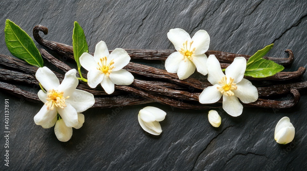 A beautiful aromatic composition of vanilla beans and jasmine flowers, creating a fragrant and visually appealing display of nature's elegance.