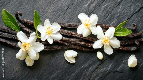 Obraz na płótnie A beautiful aromatic composition of vanilla beans and jasmine flowers, creating a fragrant and visually appealing display of nature's elegance. w salonie
