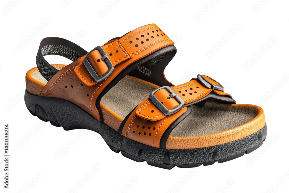 Stylish orange leather sandals with double buckle straps perforated design on transparent background Stylish orange leather sandals with double buckle straps perforated design on transparent background