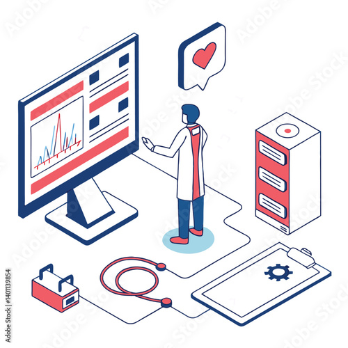 Flat vector icon set design shows a doctor with a stethoscope, medical equipment, and medicine, representing a business concept in healthcare technology