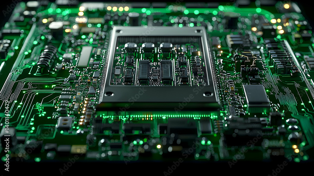 Closeup View Of Complex Circuit Board With Glowing Green Components Closeup View Of Complex Circuit Board With Glowing Green Components