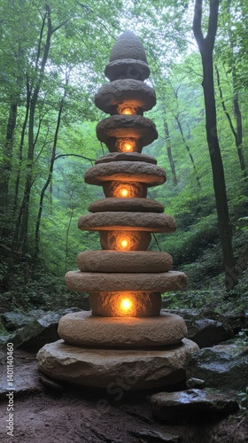 Stacked stones, lit inside, forest setting
