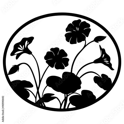 Floral silhouette with blossoms inside oval frame- Black and white silhouette artwork featuring blooming flowers, buds, and leaves arranged within an oval border, suitable for decorative and emblem 