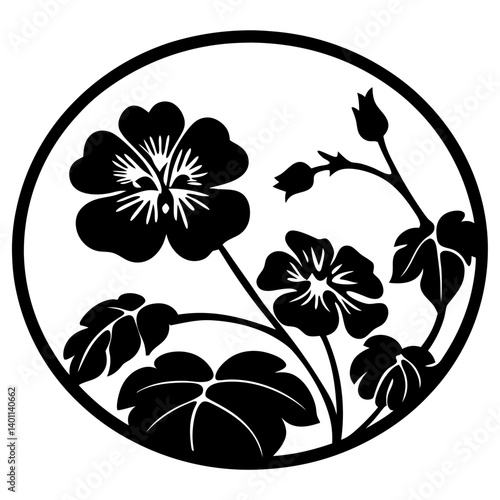 Decorative floral silhouette with blossoms in circle- Black and white silhouette illustration of flowers, leaves, and buds inside a circular frame, perfect for ornamental emblem or decorative design