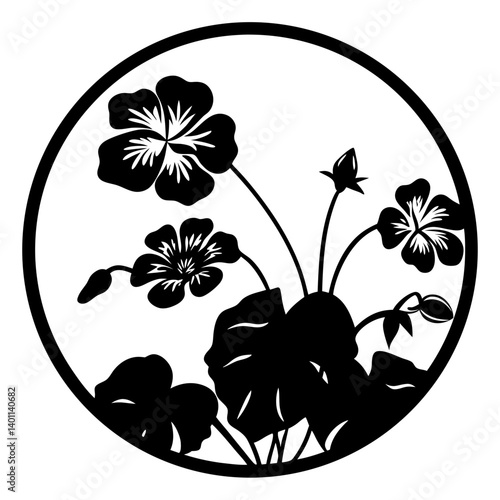 Circular floral silhouette with blooming flowers- Black silhouette artwork of blooming flowers and leaves arranged inside a round frame, ideal for decorative emblem, pattern, or logo