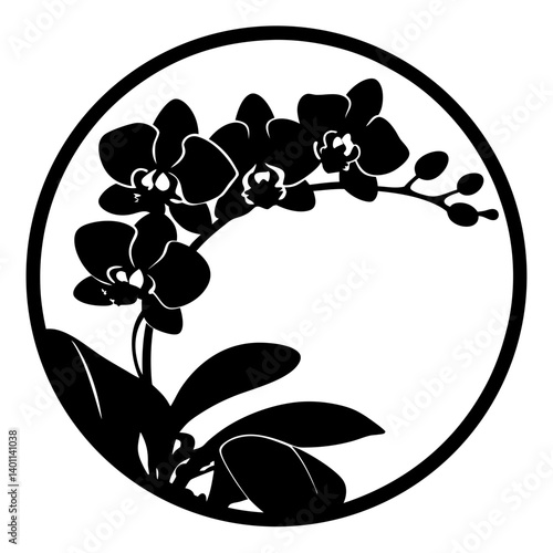 Circular silhouette with orchid arch and blossoms- Black round silhouette artwork featuring orchids on a graceful arching stem with leaves and buds, perfect for stencil, crafts, and decoration