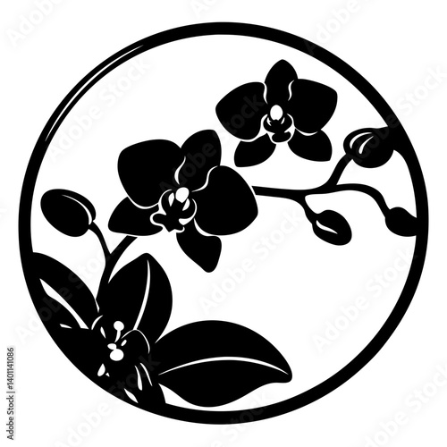 Circular silhouette with orchid branch and blossoms- Black round silhouette artwork featuring orchid flowers with buds, leaves, and a curved branch, ideal for stencil, crafts, and decorative design 