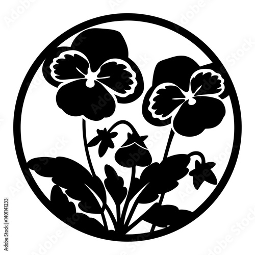 Black and white illustration of pansy , flower silhouette vector designs.