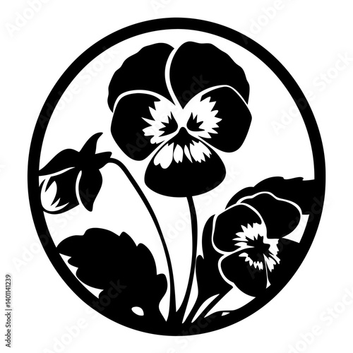 Black and white illustration of pansy , flower silhouette vector designs.