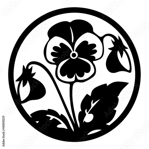 Black and white illustration of pansy , flower silhouette vector designs.