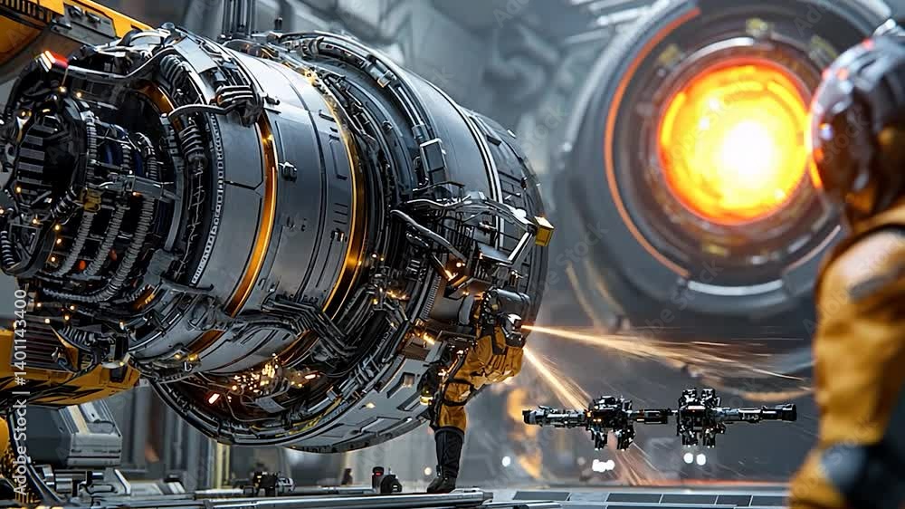 Futuristic industrial scene showcasing advanced machinery and robotic drones in a high-tech facility Futuristic industrial scene showcasing advanced machinery and robotic drones in a high-tech facility
