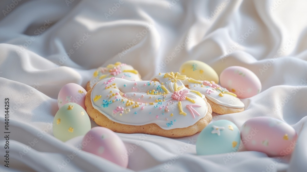 Celebrating Easter with Decorated Cookies and Pastel Eggs on Silky Fabric Celebrating Easter with Decorated Cookies and Pastel Eggs on Silky Fabric
