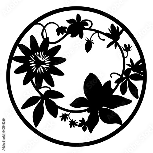 Circular floral silhouette with passionflower wreath- Black round silhouette artwork featuring passionflowers, leaves, and vines forming a decorative wreath, ideal for stencil, crafts, and ornamental 