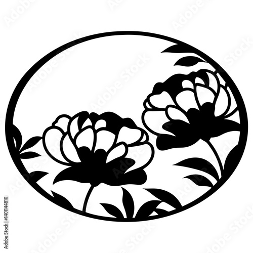 Two blooming peony silhouettes inside oval frame- Stylized black silhouette of two peony flowers with leaves enclosed in an oval border, suitable for decorative, tattoo, or emblem design