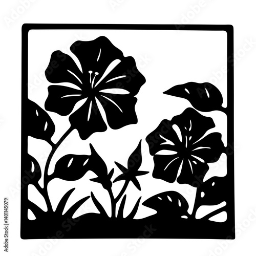 Floral garden silhouette inside square frame- Black and white decorative illustration of blooming flowers with leaves and grass, enclosed within a square ornamental border